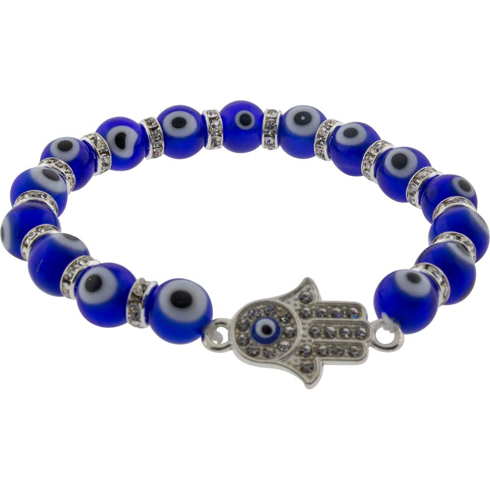 EVIL EYE-GLASS BEADS-COBALT W/GEM FATIMA HAND BRACELET