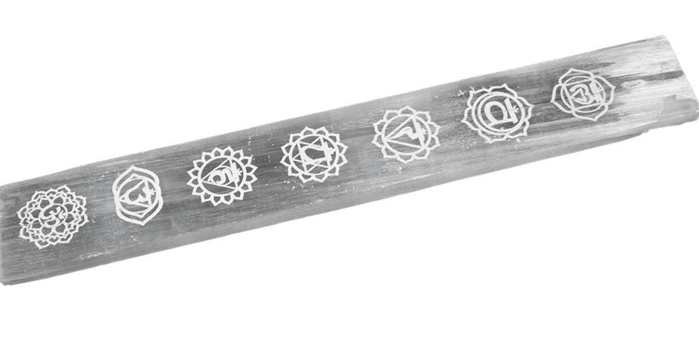 Selenite Incense Holder - Etched Chakras Symbols - 10