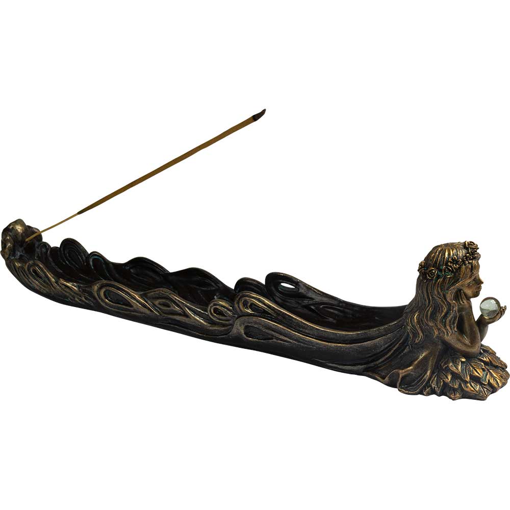 POLYRESIN INCENSE HOLDER -GOLDEN FAIRY W/SPHERE 12.5″