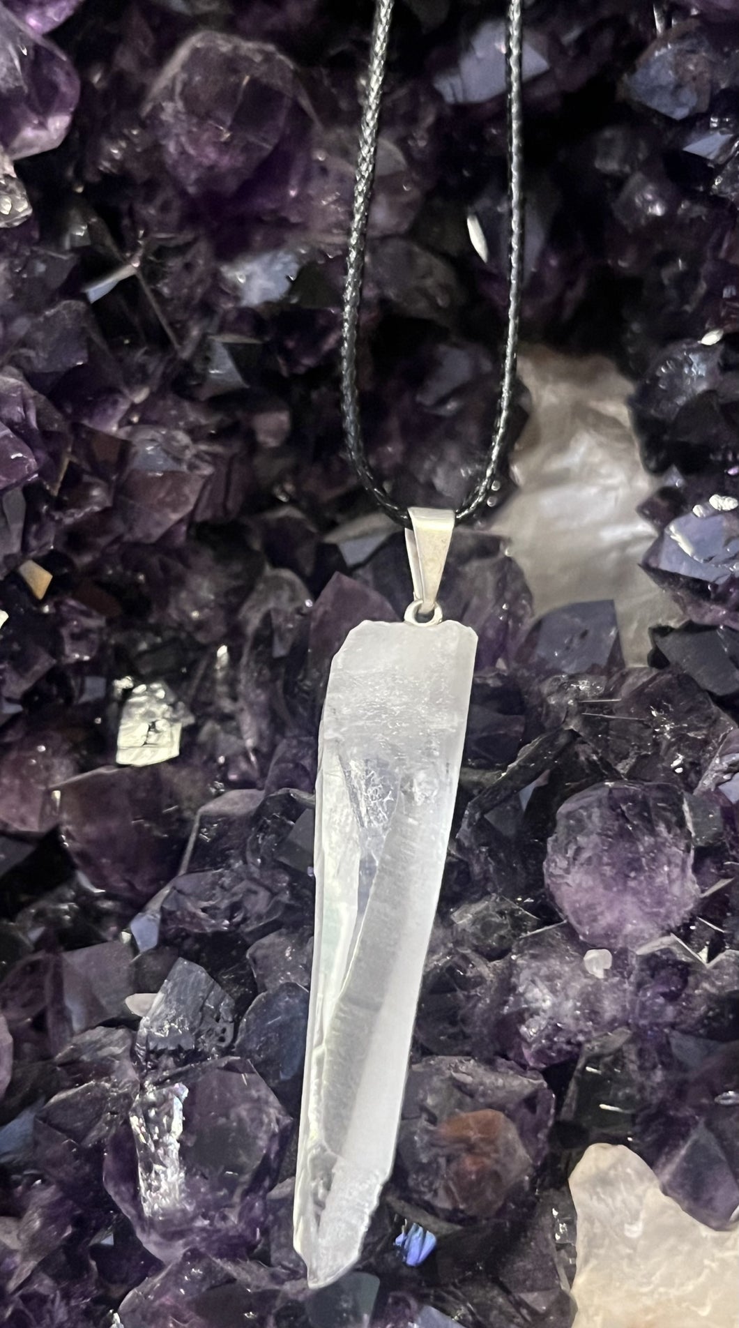 Laser Quartz Point Necklace on Black Cord