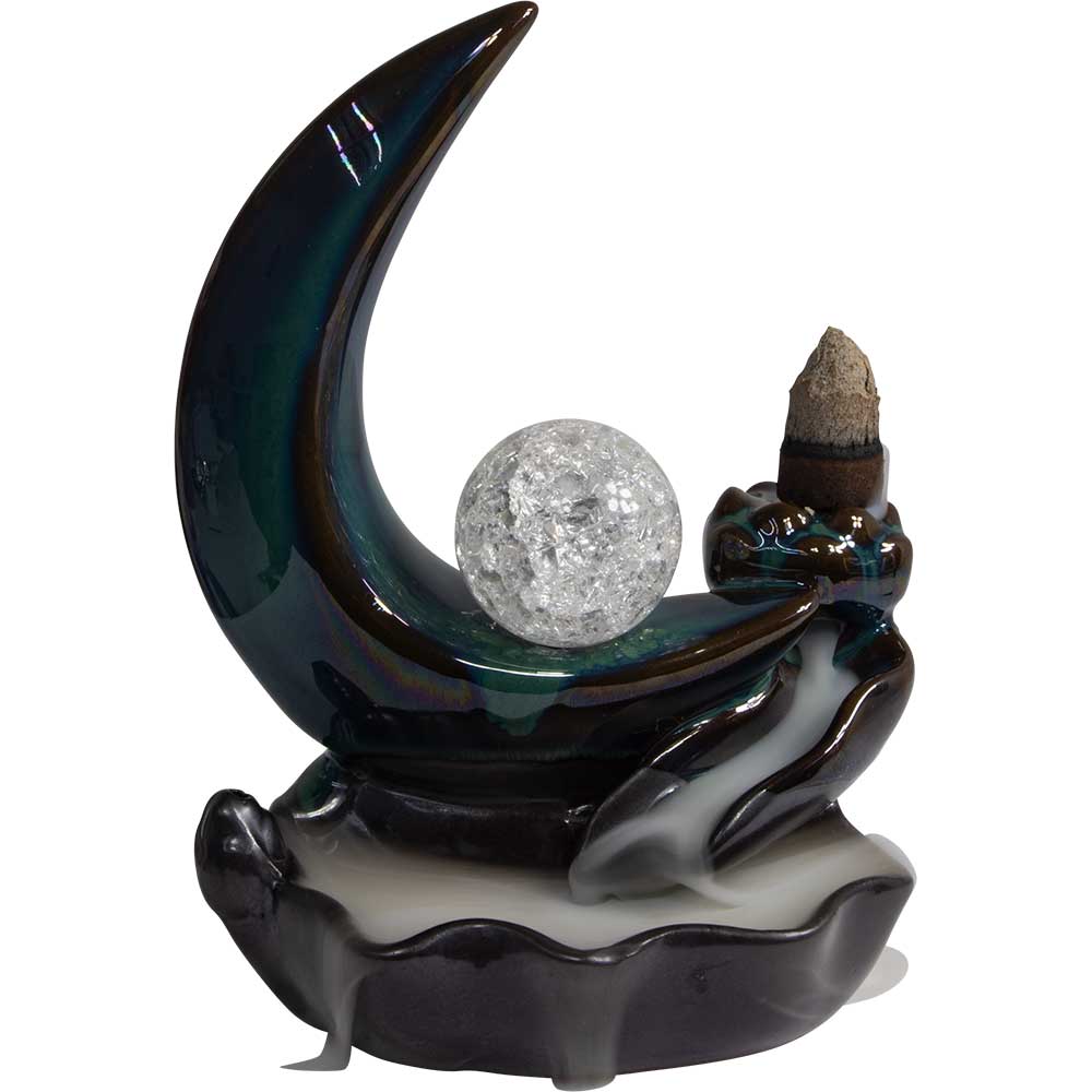 CERAMIC INCENSE HOLD/BACKFLOW-CRESCENT MOON SPHERE 2.75″X5.5″H