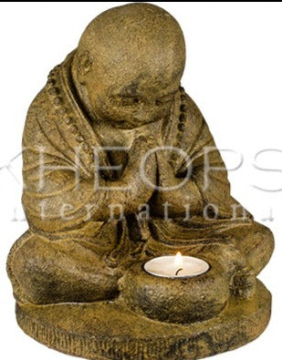 VOLCANIC STONE STATUE & T-LITE HOLDER – PRAYING MONK – 8.25″