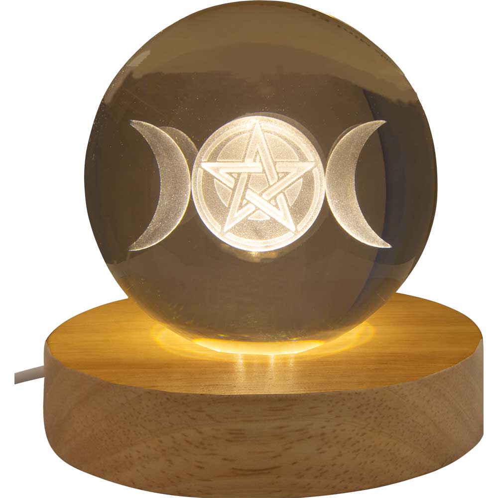 Glass Crystal Ball Engraved - Wood LED light base 3″ Ball Light with USB wire