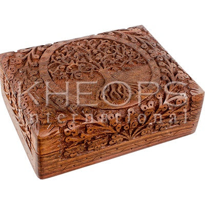 WOOD LINED BOX-CARVED/TREE OF LIFE-5″X7″