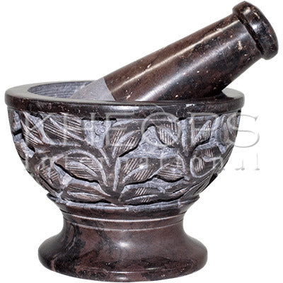 MORTAR & PESTLE – LIGHT BROWN SOAPSTONE – LEAVES – 4″