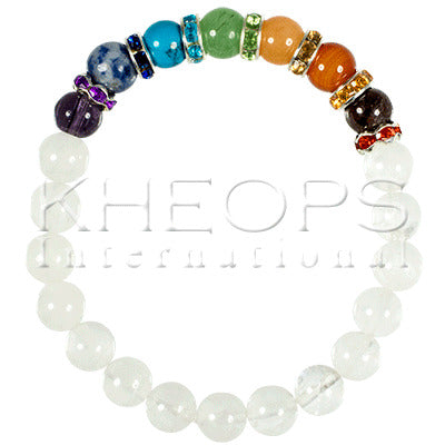 CLEAR QUARTZ/CHAKRAS BRACELET-8MM BEADS