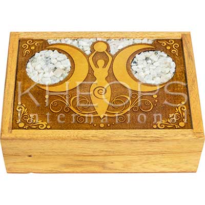 MOON GODDESS-MOONSTONE INLAY WOOD LINED BOX-LASER ETCHED- 5″X7″