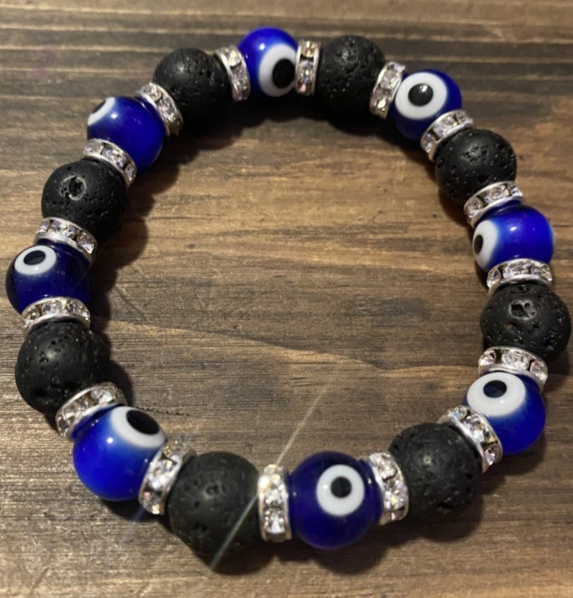 Evil Eye Bracelet Glass Beads-Cobalt with Lava Stones