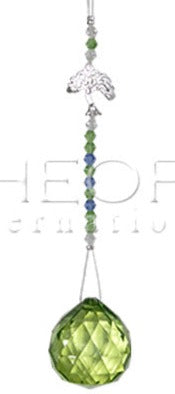 HANGING CRYSTAL BALL (30MM) + BEADS & TREE – GREEN – 6″H.