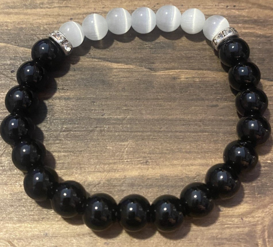 Black Obsidian and Selenite Bracelet - 8mm Beads