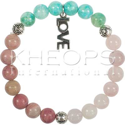 Rose quartz, Rhodonite and Hemimorphite Bracelet + Love Charm -  8MM Beads