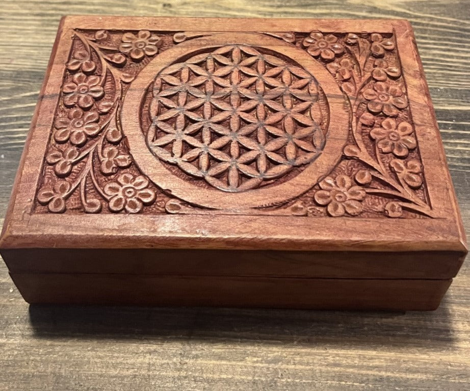 Wood Lined Box Carved Flower of Life