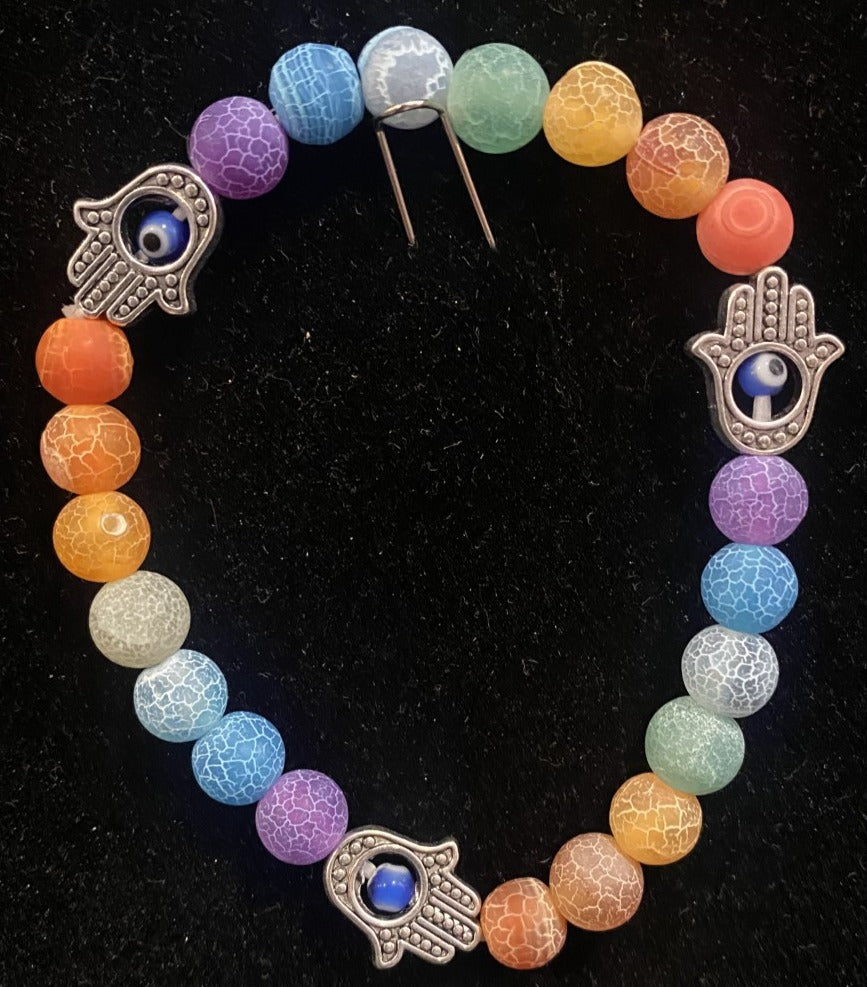 BRACELET-7 CHAKRAS-CRACKED AGATE W/FATIMA HANDS